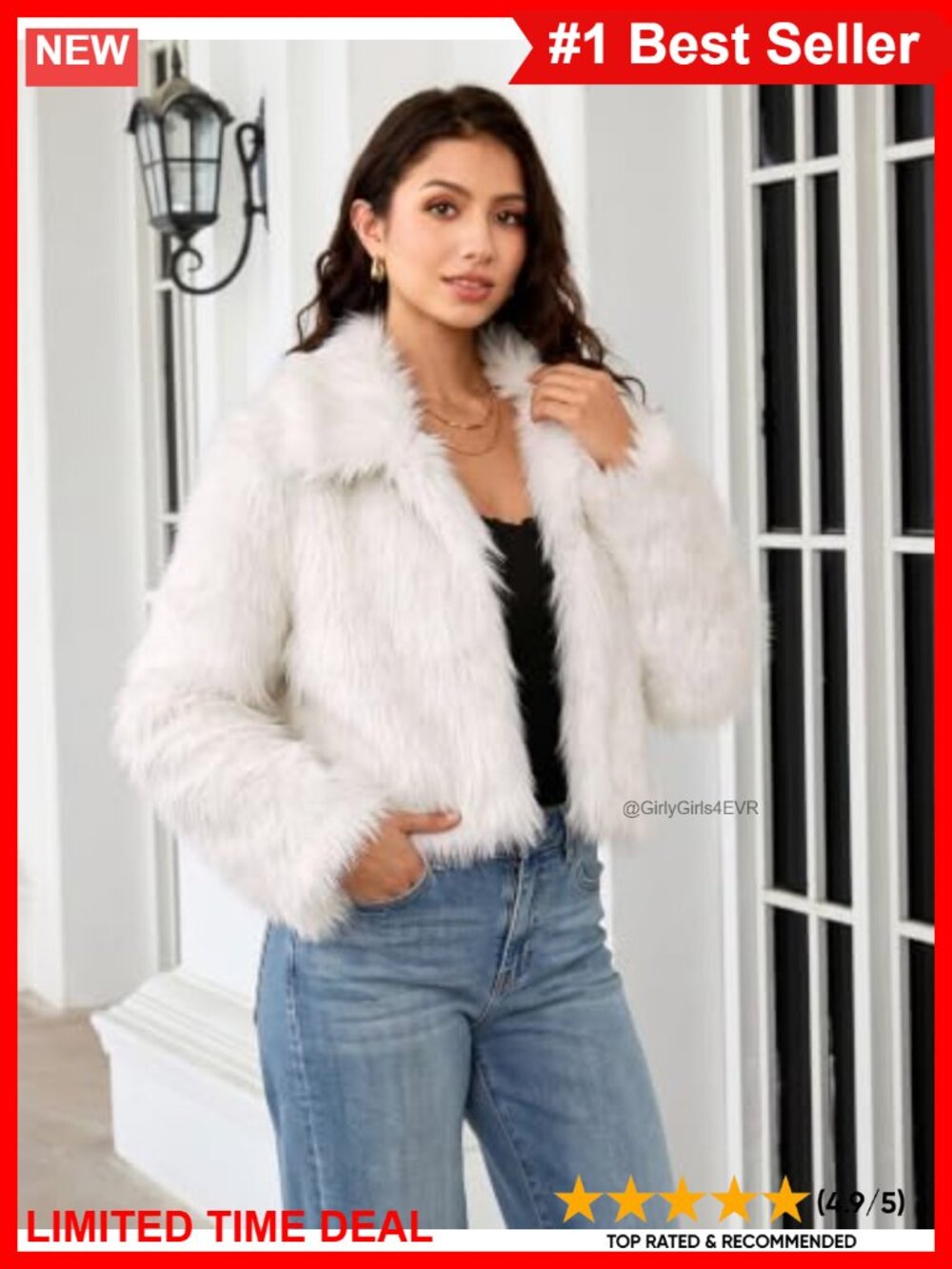 Faux Fur Cropped Jacket Long Sleeve Hook & Eye Relaxed Fit - Picture 3 of 4
